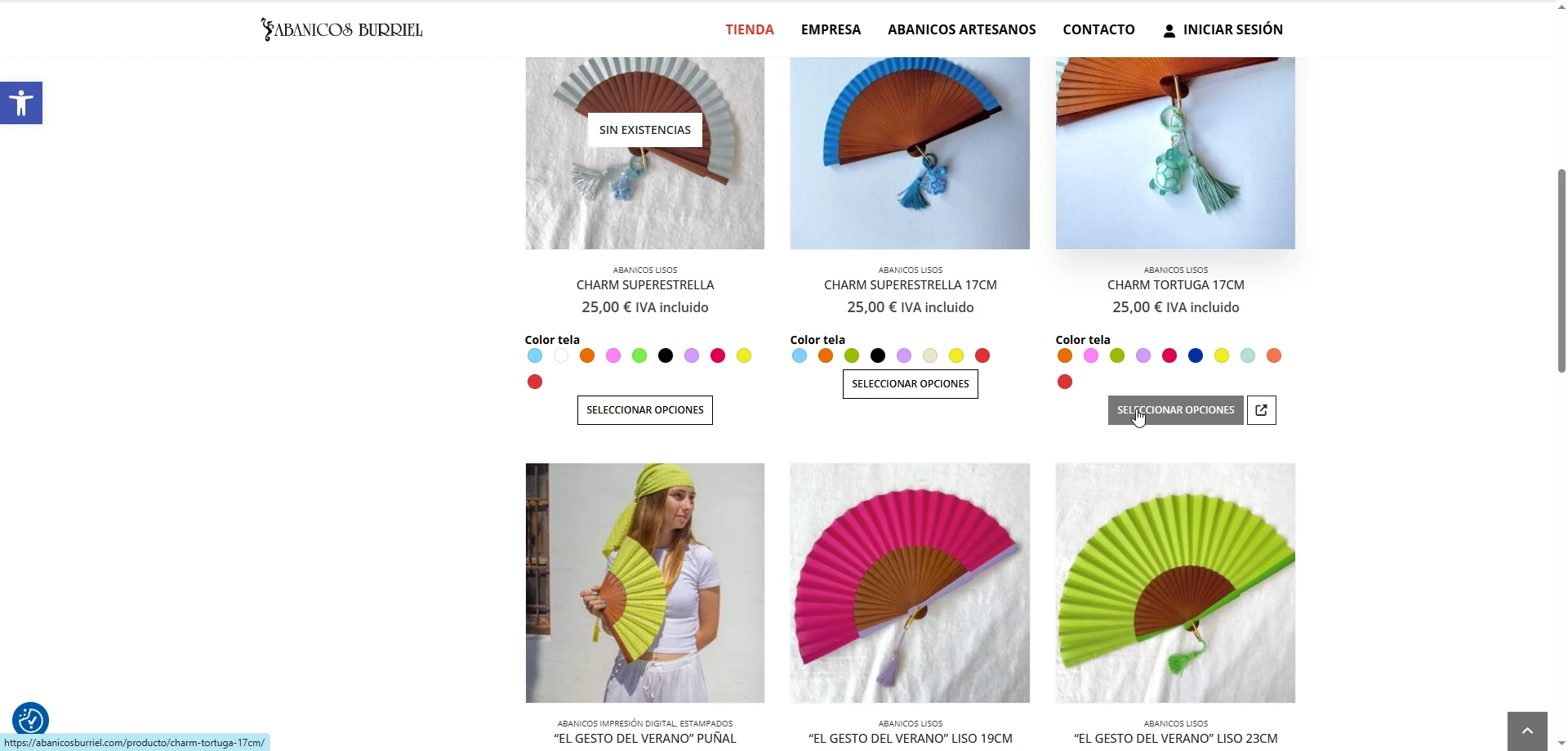 Tienda online de Abanicos Burriel: catálogo de productos con selector de color y control de stock