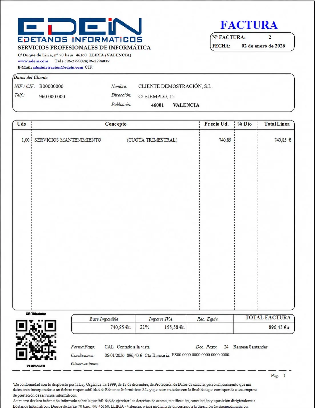 Modelo de factura con código QR tributario VERIFACTU