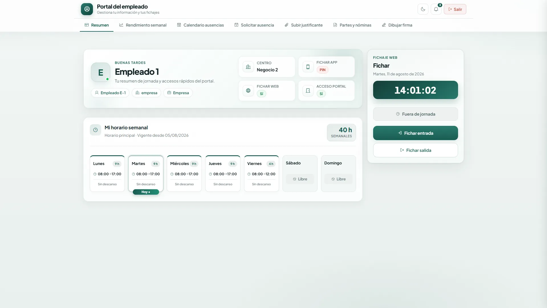 Portal del empleado con fichaje, horas semanales y accesos personales